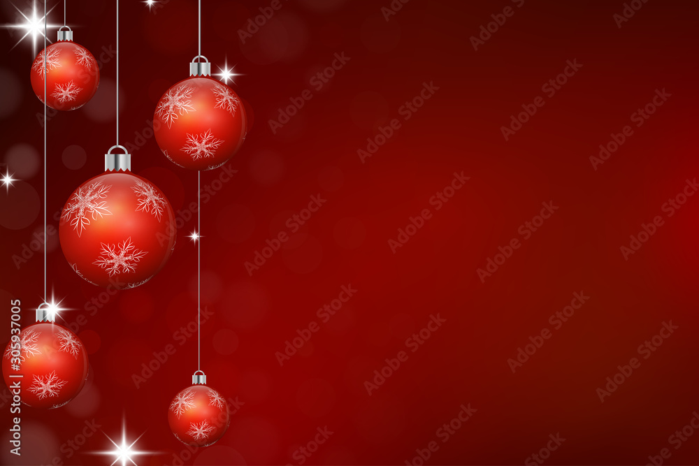 Red christmas background with bokeh and stars. Hanging decorated baubles with white snowflakes. Red christmas background with bokeh and stars. Hanging decorated baubles with white snowflakes.