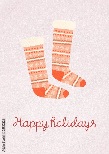 Cute winter postcard with lowely winter warm clothes like  socks anв happy holiday wishes photo