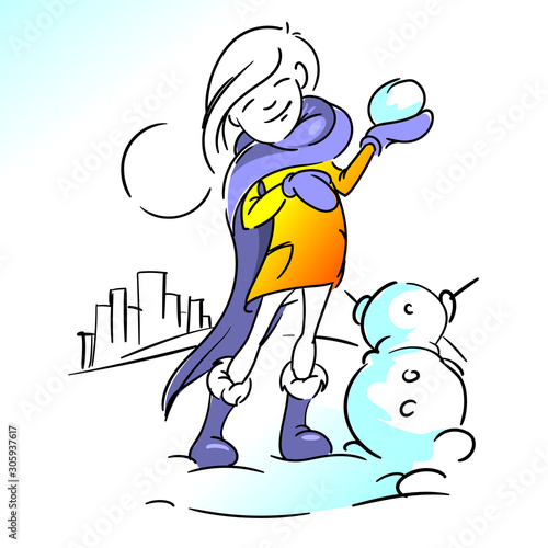 Beautiful girl with a long purple scarf plays in the snowballs and sculpts the snowman