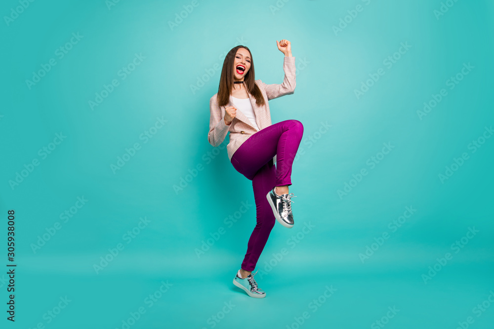 Full length body size view of her she nice attractive lovely cheerful ecstatic straight-haired girl celebrating having fun isolated on bright vivid shine vibrant blue green turquoise color background Full length body size view of her she nice attractive lovely cheerful ecstatic straight-haired girl celebrating having fun isolated on bright vivid shine vibrant blue green turquoise color background