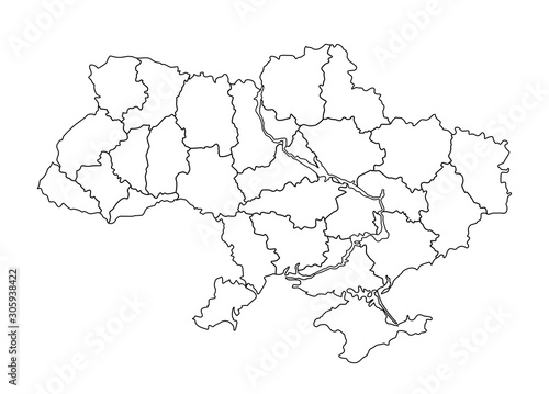 Ukraine Map  black and white detailed outline with regions of the country.