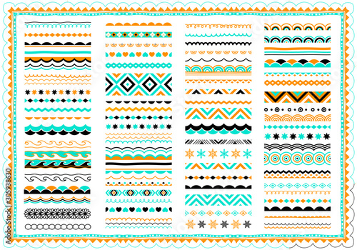 Christmas greeting decorative design elements set. Festive borders, frames, patterns, ornaments collection. Abstract geometric dividers, brush lines, seasonal xmas symbols.