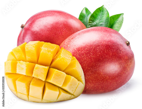 Fototapeta Mango fruits with mango cubes. Isolated on a white background.