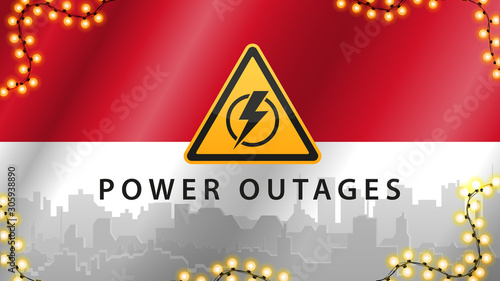 Power outage, yellow warning sign on the background of the flag of Indonesia with the silhouette of the city on the background