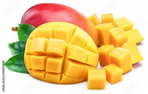 Obraz na płótnie Mango fruit with mango cubes. Isolated on a white background.