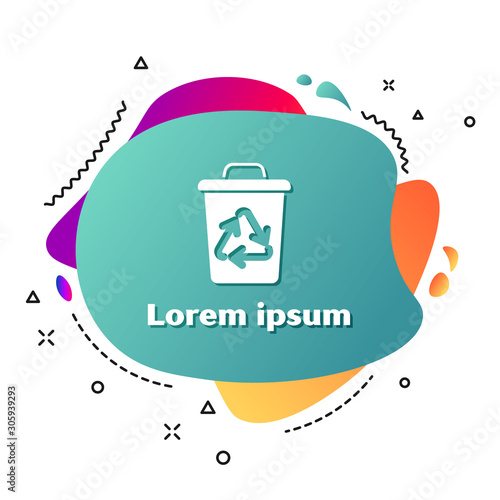 White Recycle bin with recycle symbol icon isolated on white background. Trash can icon. Garbage bin sign. Recycle basket sign. Abstract banner with liquid shapes. Vector Illustration