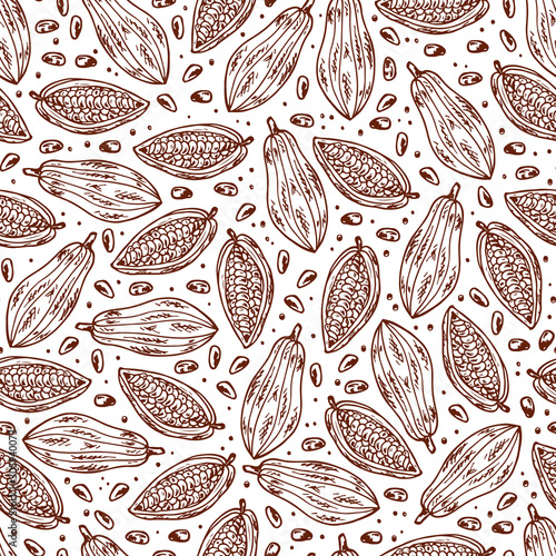 Hand drawn doodle Cocoa fruits and cocoa beans Seamless pattern