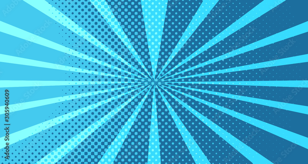 Vintage colorful comic book background. Blue blank bubbles of different shapes. Rays, radial, halftone, dotted effects. For sale banner for your designe 1960s. with copy space eps10