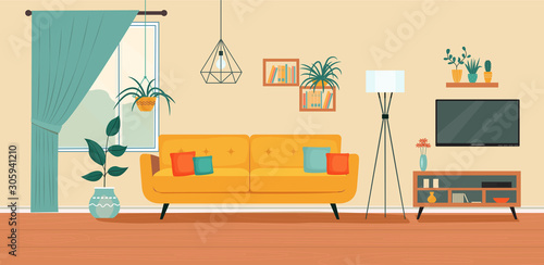 Comfortable sofa, TV,  window and house plants. Vector flat illustration