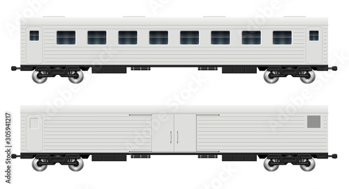 Railroad cars - cargo and passenger view from side. Train wagons on white background vector illustration. All elements in the groups on separate layers for easy editing and recolor