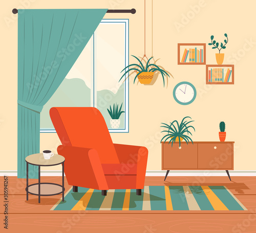 Comfortable chair, window and house plants. Vector flat illustration