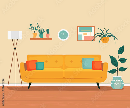 Furniture: sofa, bookcase, picture. Living room interior.Flat style vector illustration
