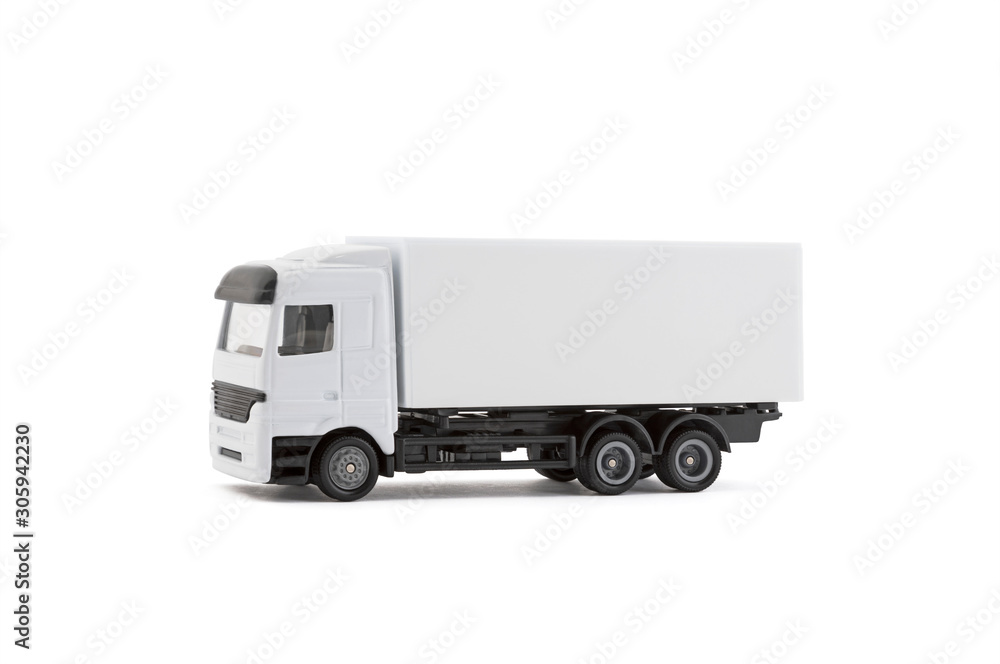 White cargo delivery truck miniature isolated on white background with clipping path