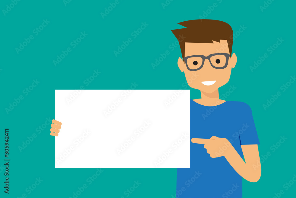 young boy holding showing white blank board banner poster, vector illustration young boy holding showing white blank board banner poster, vector illustration