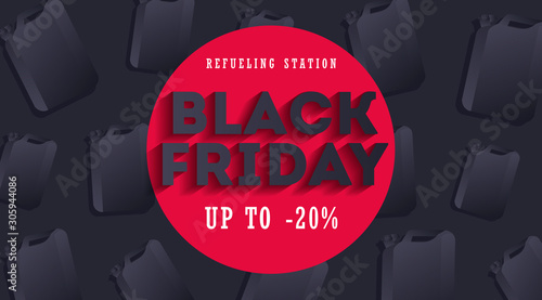 black Friday poster for gas or refueling station with black oil canisters pattern and red advertising banner