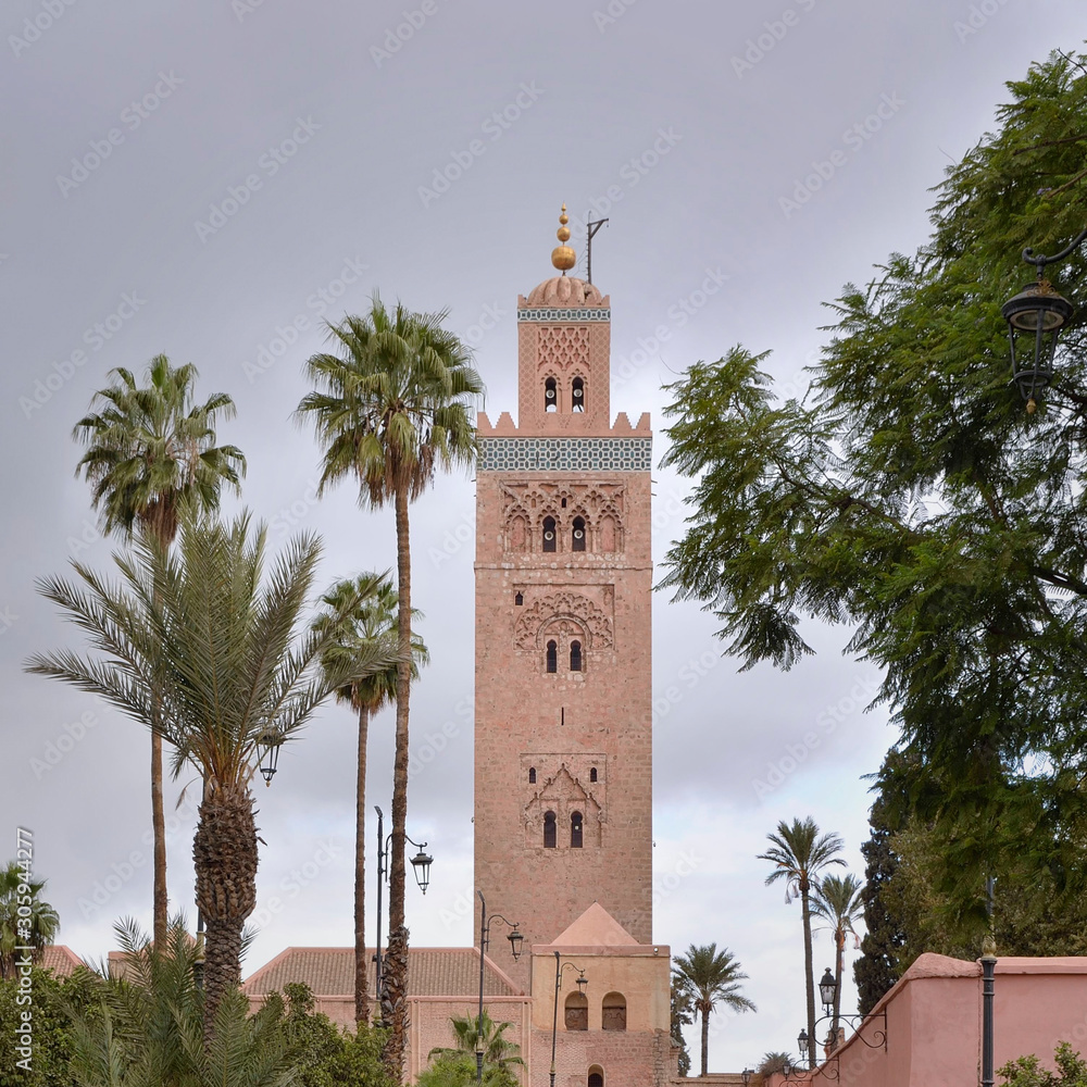Koutoubia Mosque on a cloudy day in autumn, Marrackech, Morocco