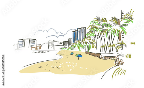 Honalulu Hawaii vector sketch line usa landscape hand drawn