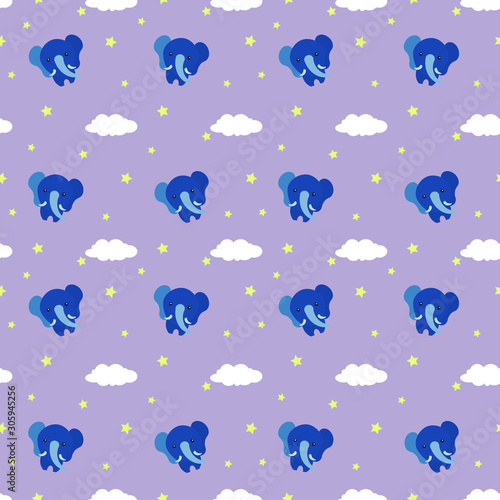 Elephant and clouds, childish seamless pattern.