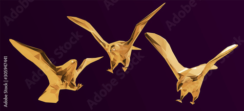 Gold Eagle. Shiny Metallic Set of Golden Eagles on Purple Background. Low Poly Vector 3D Rendering