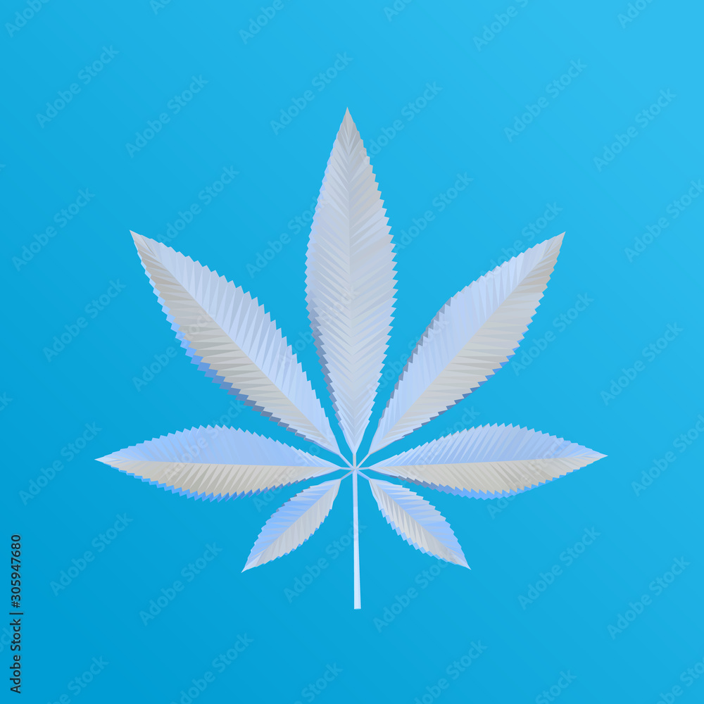White Plaster Cannabis Leaf on Blue Background. Low Poly Vector 3D Rendering White Plaster Cannabis Leaf on Blue Background. Low Poly Vector 3D Rendering