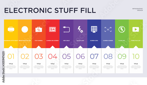 10 electronic stuff fill concept set included video file list, flash off, camera screen, screen grid, auto flash, usb cable, camera big screen size, flip camera, brightness option icons