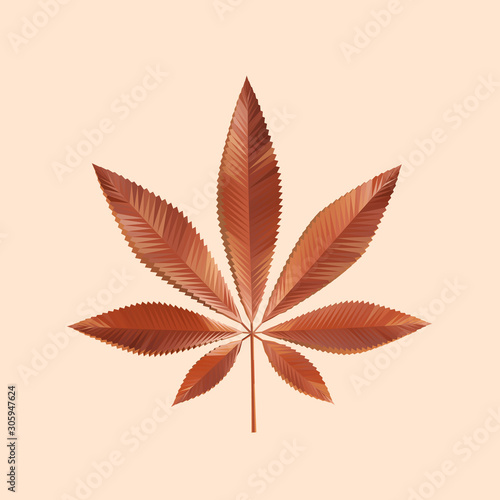 Clay Cannabis Leaf on Isolated Background. Brown Shiny Low Poly Vector 3D Rendering