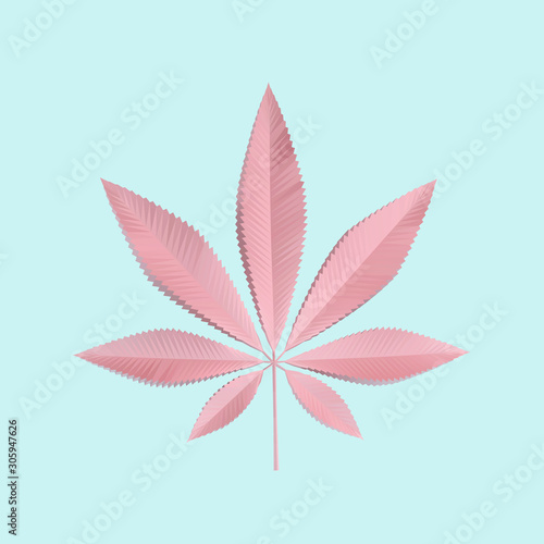 Pink Pastel Cannabis Leaf on Isolated Blue Background. Low Poly Vector 3D Rendering