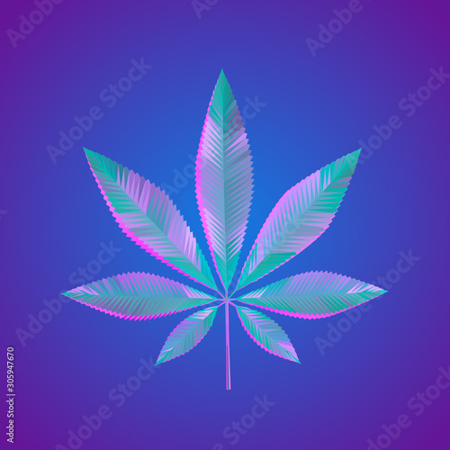Psychedelic Vaporwave Cannabis Leaf on Retro Background. Low Poly Vector 3D Rendering