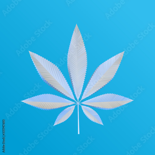White Plaster Cannabis Leaf on Blue Background. Low Poly Vector 3D Rendering