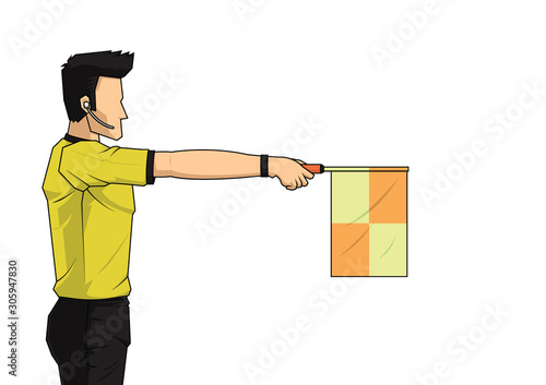 soccer linesman referee wave the flag to point an offside.