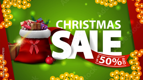 Christmas sale, up to 50% off, green discount banner with large letters, garland, red ribbon and Santa Claus bag with presents