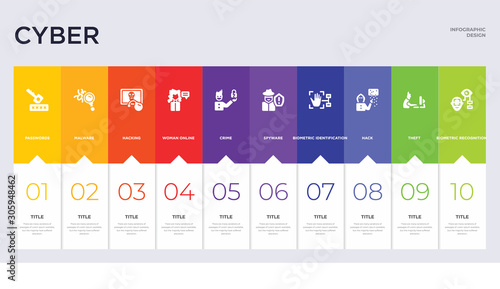 10 cyber concept set included biometric recognition, theft, hack, biometric identification, spyware, crime, woman online, hacking, malware icons
