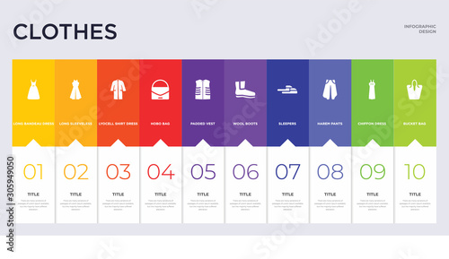 10 clothes concept set included bucket bag, chiffon dress, harem pants, sleepers, wool boots, padded vest, hobo bag, lyocell shirt dress, long sleeveless dress icons