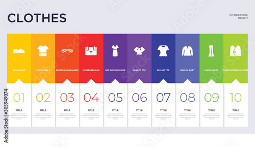 10 clothes concept set included chiffon suffle blouse, flare pants, henley shirt, peplum top, draped top, off the shoulder dress, messenger bag, shutter sunglasses, v neck shirt icons