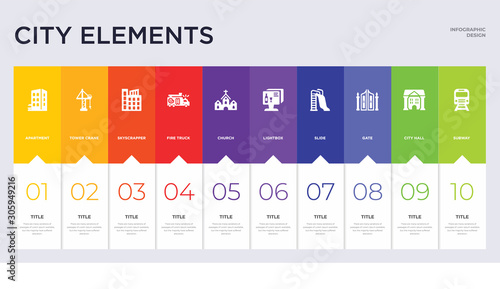 10 city elements concept set included subway, city hall, gate, slide, lightbox, church, fire truck, skyscrapper, tower crane icons