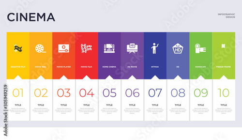 10 cinema concept set included freeze frame, handicam, hd, hitman, hd movie, home cinema, movie film, movie player, reel icons
