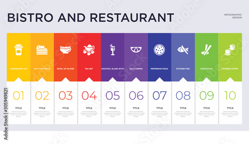 10 bistro and restaurant concept set included pouring coffe, chopsticks, kitchen fish, pepperoni pizza, half lemon, cocktail glass with ice cube, tea set, bowl of olives, cut cake piece icons