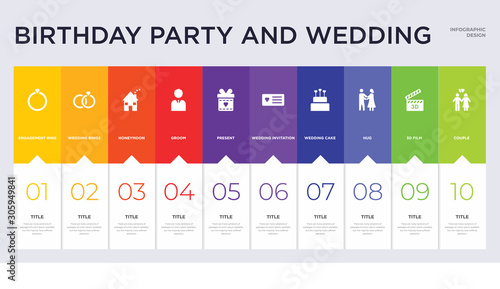 10 birthday party and wedding concept set included couple, 3d film, hug, wedding cake, wedding invitation, present, groom, honeymoon, rings icons