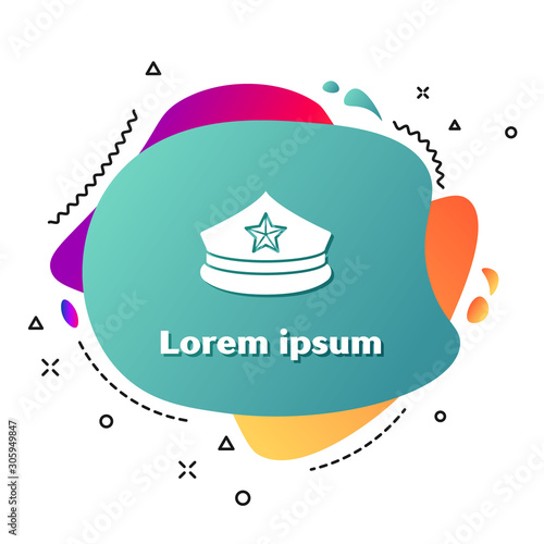 White Police cap with cockade icon isolated on white background. Police hat sign. Abstract banner with liquid shapes. Vector Illustration
