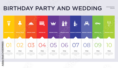 10 birthday party and wedding concept set included wedding candle, wedding car, carriage, champagne, couple, crown, day, dinner, dress icons