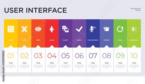 10 user interface concept set included brightness, reload, open box, voice recording, correct, gallery, cursor, visible, cancel icons