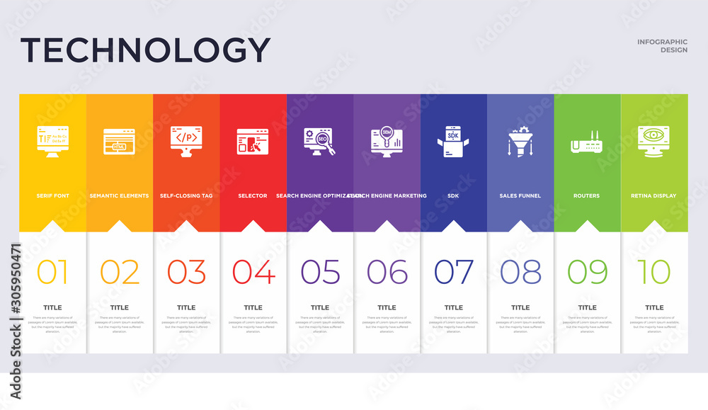 10 technology concept set included retina display, routers, sales funnel, sdk, search engine marketing, search engine optimization, selector, self-closing tag, semantic elements icons
