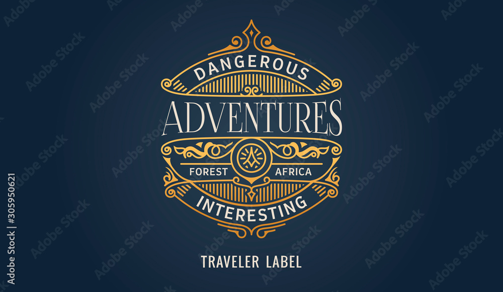 Label for adventure emblem, frame badge template card. Luxury calligraphic ornate frame Label for adventure emblem, frame badge template card. Luxury calligraphic ornate frame