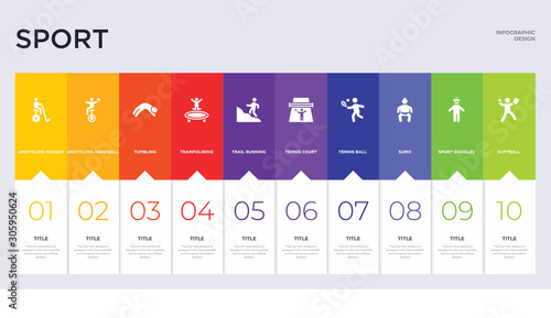 10 sport concept set included softball, sport goggles, sumo, tennis ball, tennis court, trail running, trampolining, tumbling, unicycling handball icons