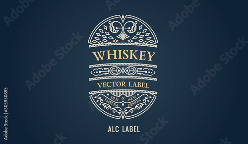 Label for whiskey emblem, frame badge template card. Luxury calligraphic ornate frame