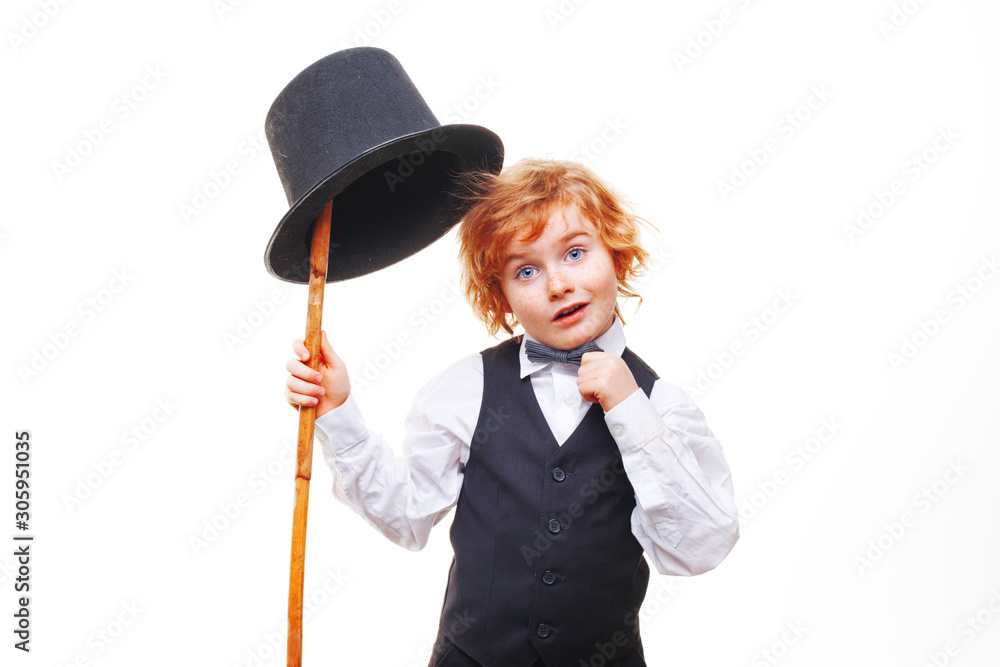 kid actor in the theatre, stylish boy in hat isolated on white background, happy child actor with a cane in his hand dressed in a black suit, talented red curly boy playing in the theatre kid actor in the theatre, stylish boy in hat isolated on white background, happy child actor with a cane in his hand dressed in a black suit, talented red curly boy playing in the theatre