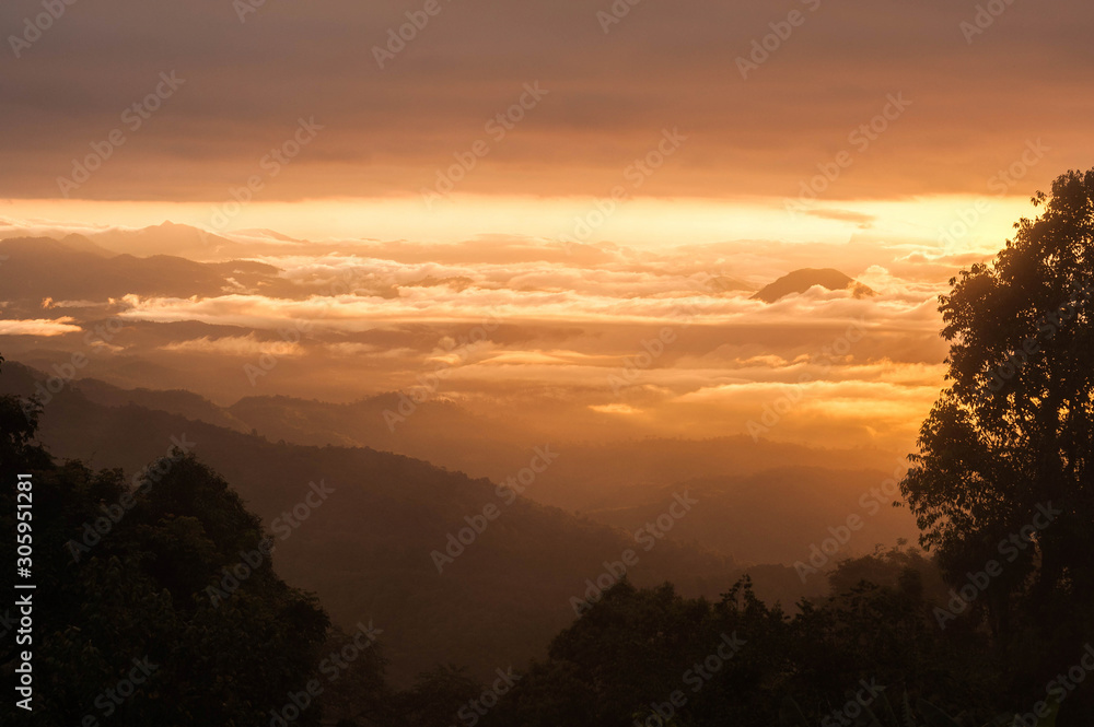 beautiful sunrise and fog view point at Huai Nam Dang National Park chiangmai province , thailand