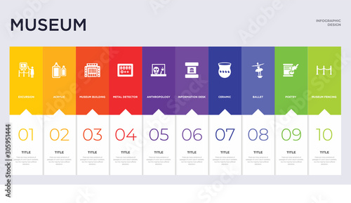 10 museum concept set included museum fencing, poetry, ballet, ceramic, information desk, anthropology, metal detector, museum building, acrylic icons