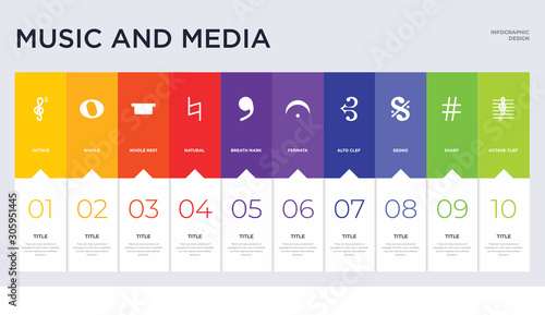10 music and media concept set included octave clef, sharp, segno, alto clef, fermata, breath mark, natural, whole rest, whole icons