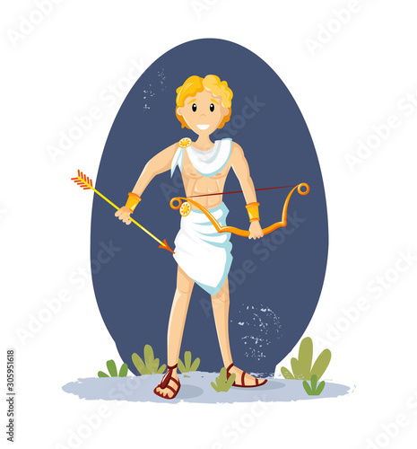 Ancient greek mythological god Apollo. Apollo, the god of sunlight, athletic man with a bow and golden arrows, and golden hair vector cartoon illustration